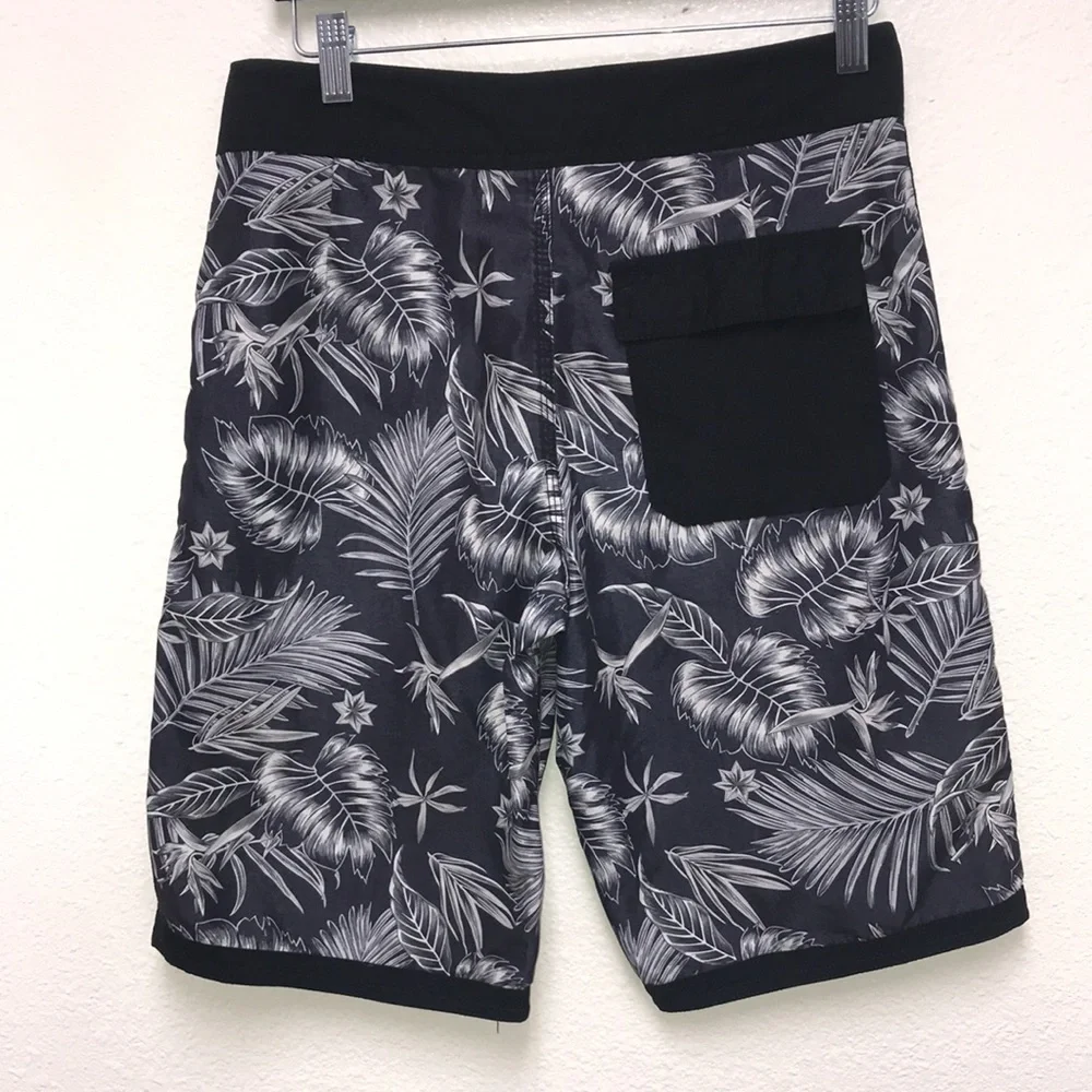 DC Boy’s XL Plant Leaves Tropical Swim Trunks Black and Gray Board Shorts